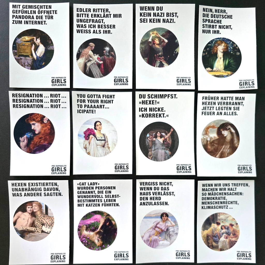 12 verschiedene PGExplaining-Sticker mit rundem Gemäldeausschnitt und feministischer Botschaft